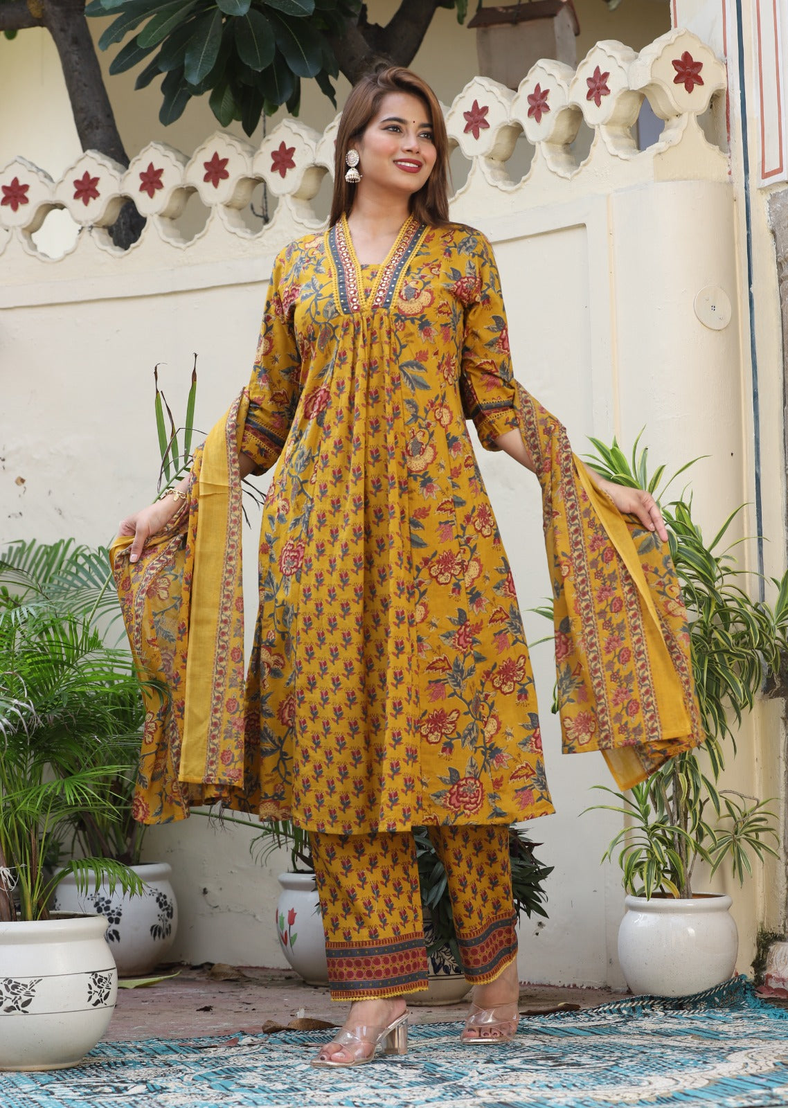 Ajrak Printed Neck Hand Work Anarkali Mustard Kurta with Pant and Dupatta