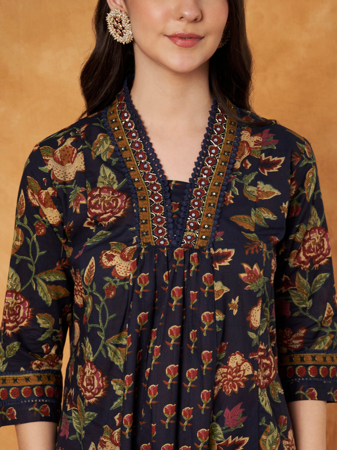 Ajrak Printed Neck Hand Work Navy Blue Anarkali Kurta with Pant and Dupatta