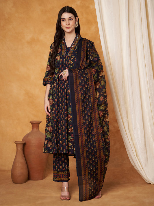 Ajrak Printed Neck Hand Work Navy Blue Anarkali Kurta with Pant and Dupatta