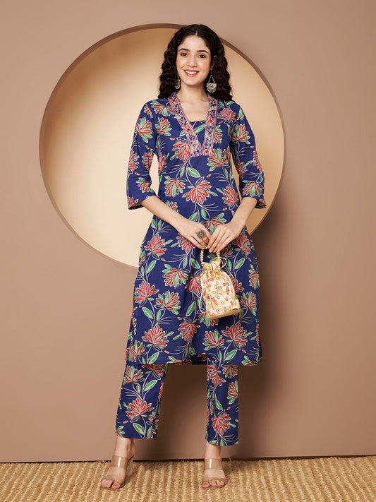 Blue Flower Printed V Neck Kurta with Pant  Printed