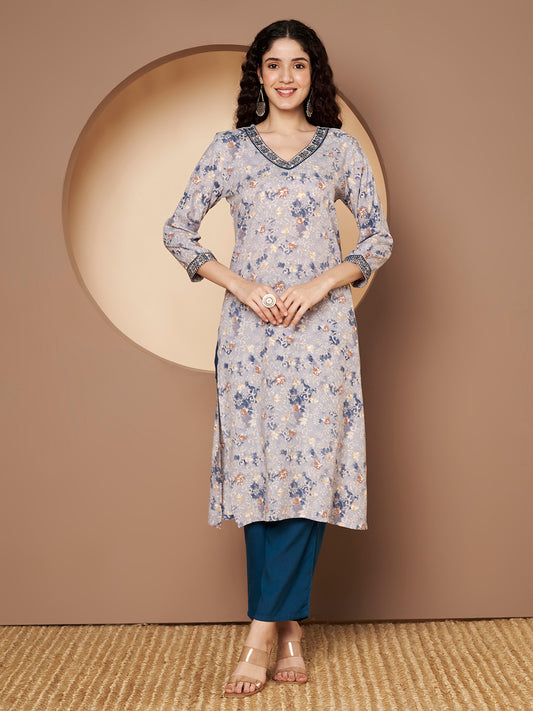 Printed V Neck Kurta with Pant  Printed