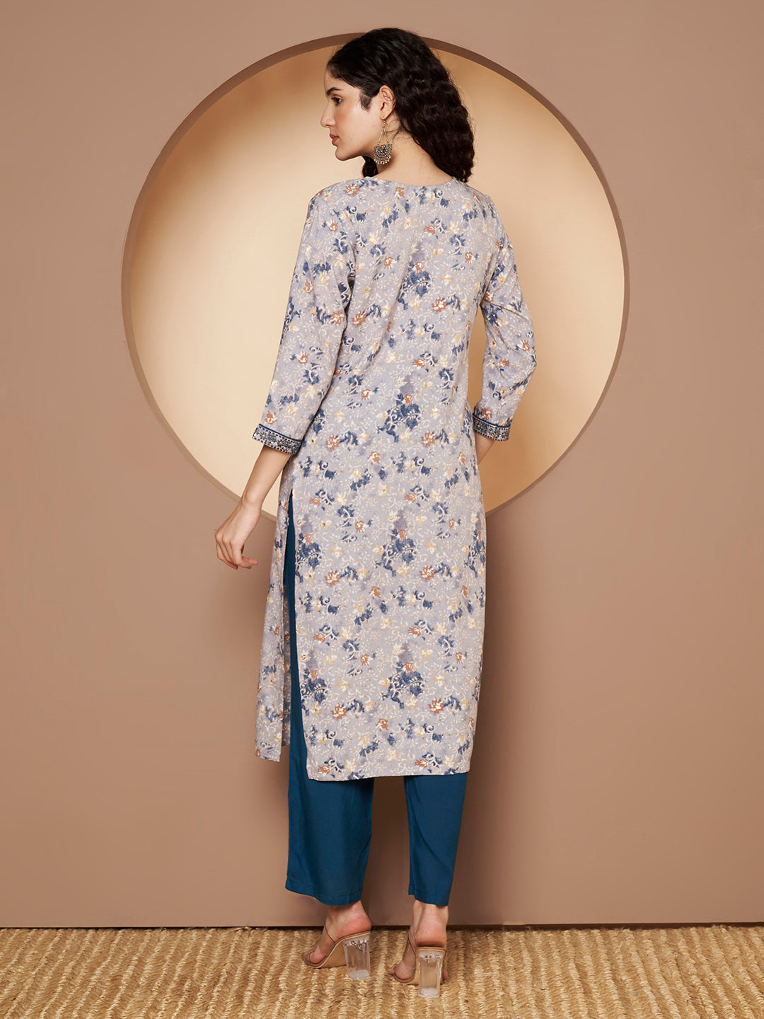 Printed V Neck Kurta with Pant Printed