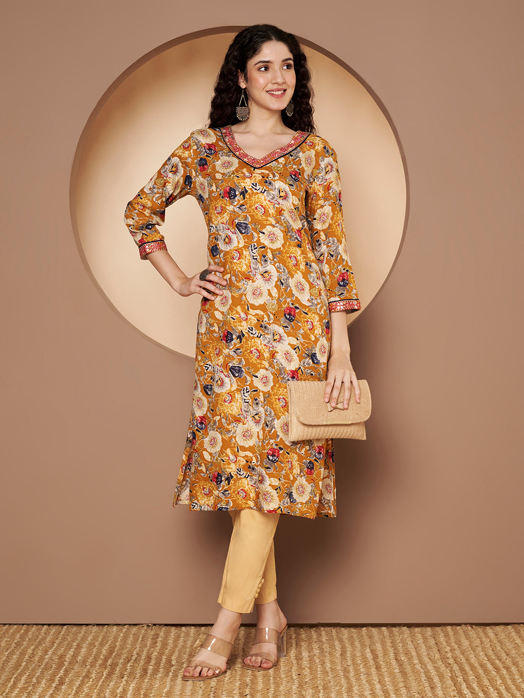 Floral Embroidered V-neck Flared Sleeves Straight Kurta