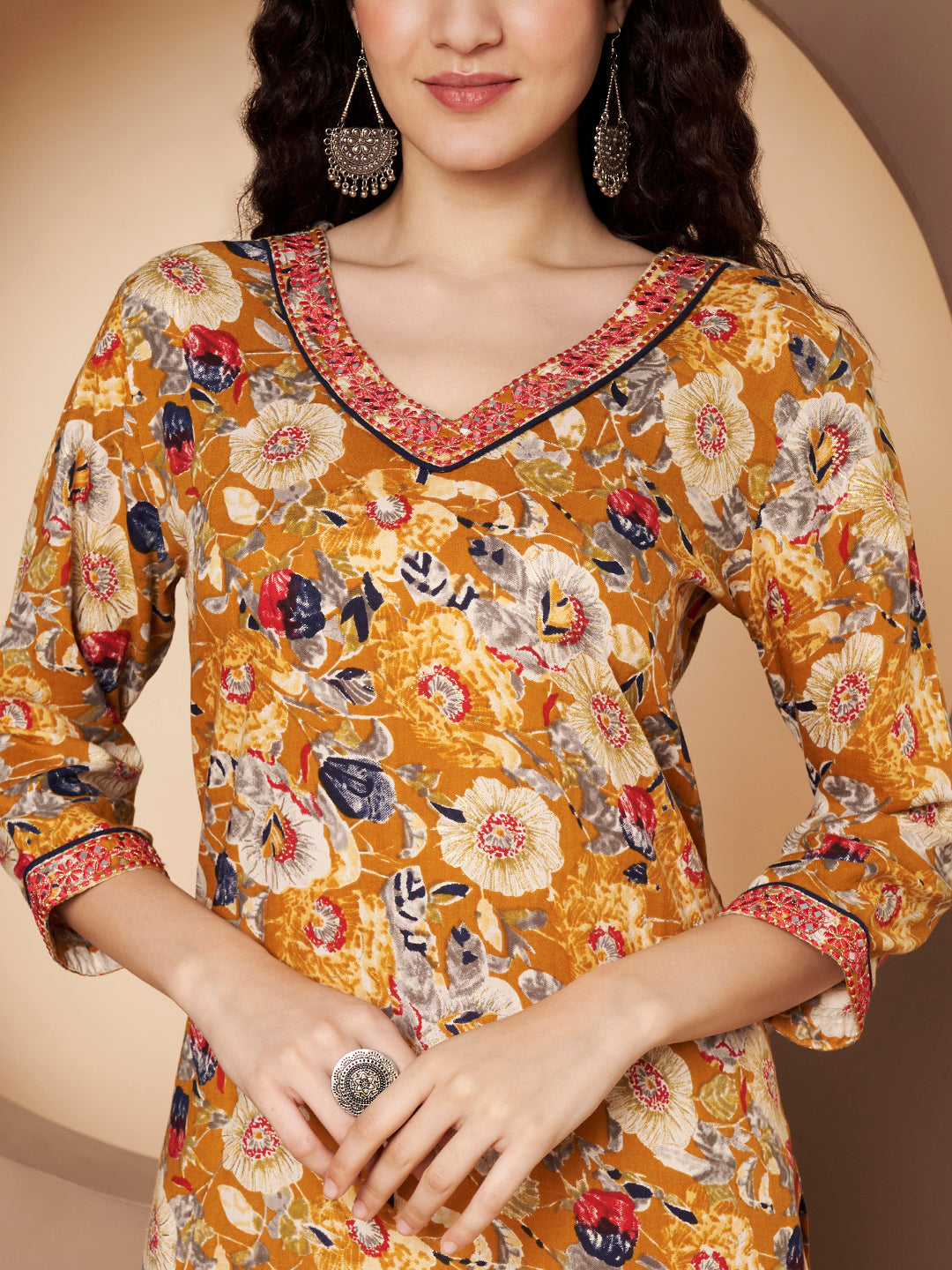 Floral Embroidered V-neck Flared Sleeves Straight Kurta