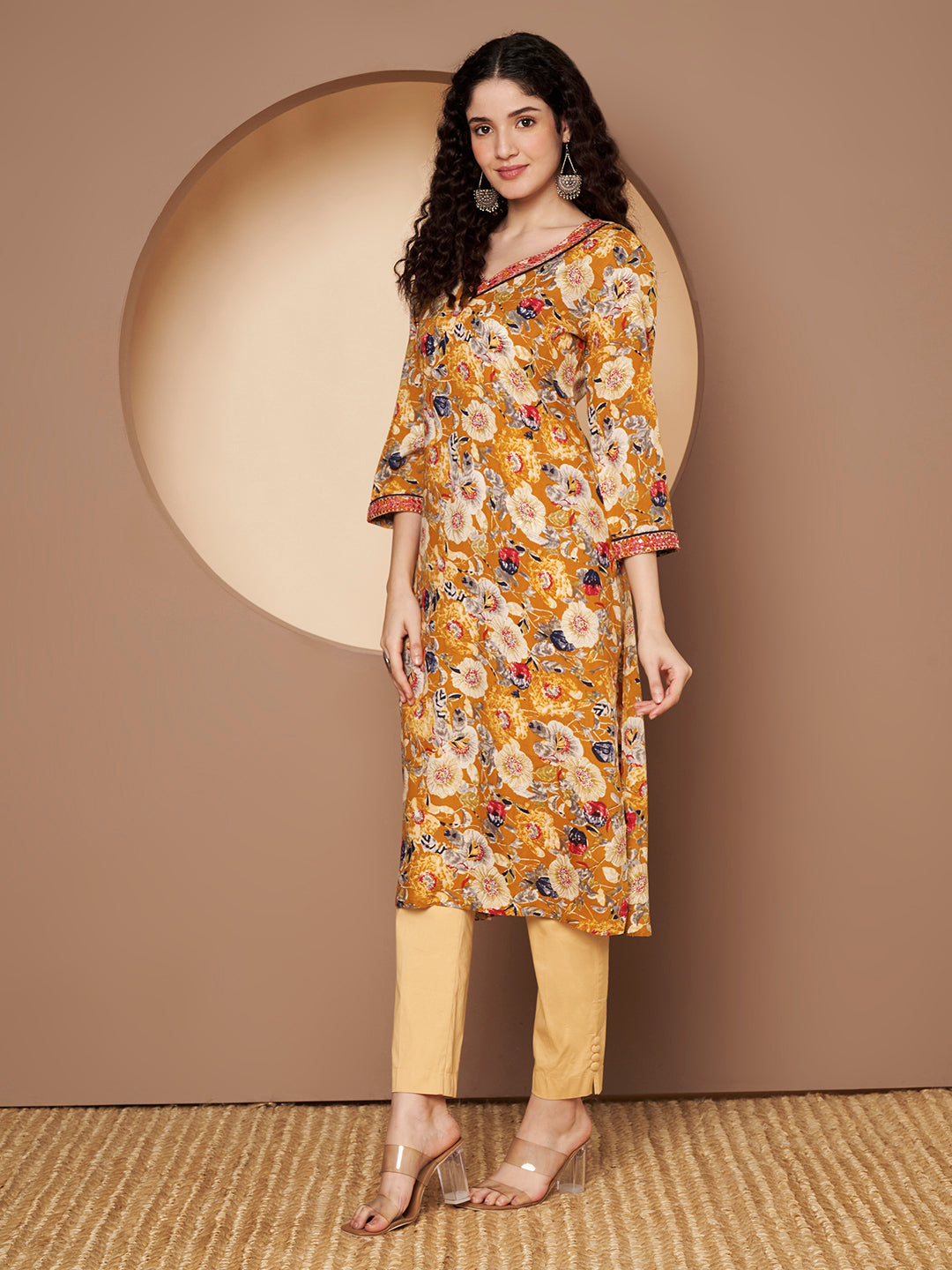 Floral Embroidered V-neck Flared Sleeves Straight Kurta