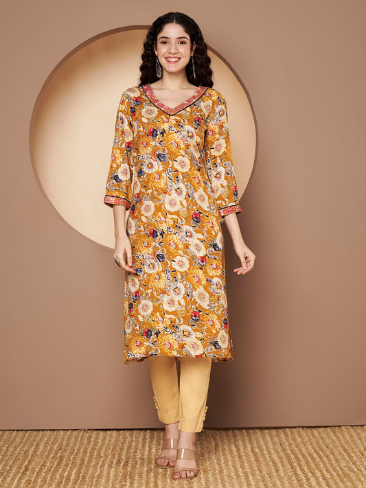 Floral Embroidered V-neck Flared Sleeves Straight Kurta