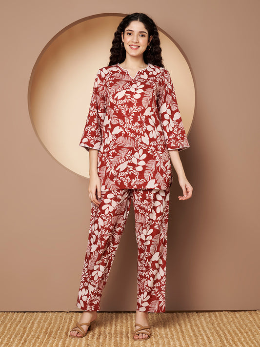 Maroon Printed Pure Cotton Top With Pant Co-Ord