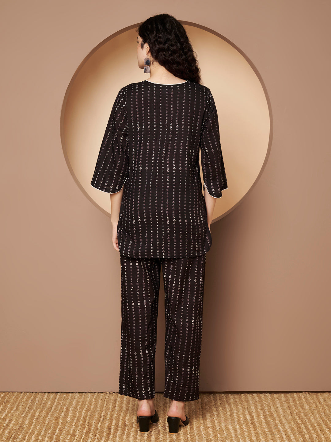 Black Polka Printed Pure Cotton Top Piping With Pant Co-Ord