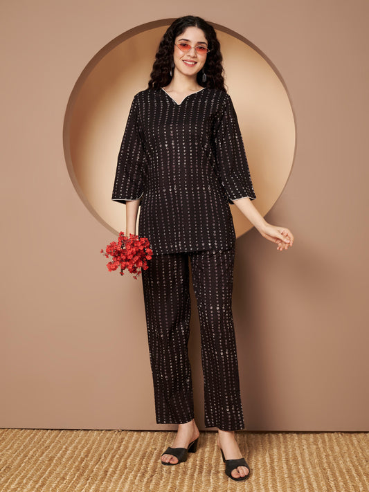 Black Polka Printed Pure Cotton Top Piping With Pant Co-Ord