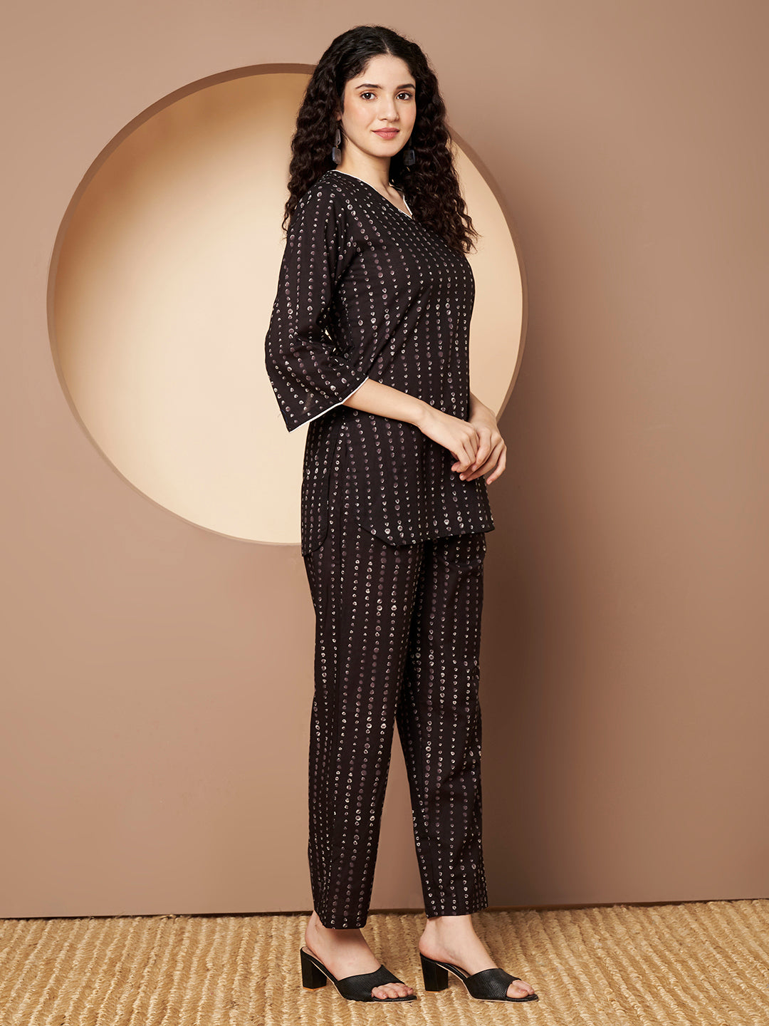Black Polka Printed Pure Cotton Top Piping With Pant Co-Ord
