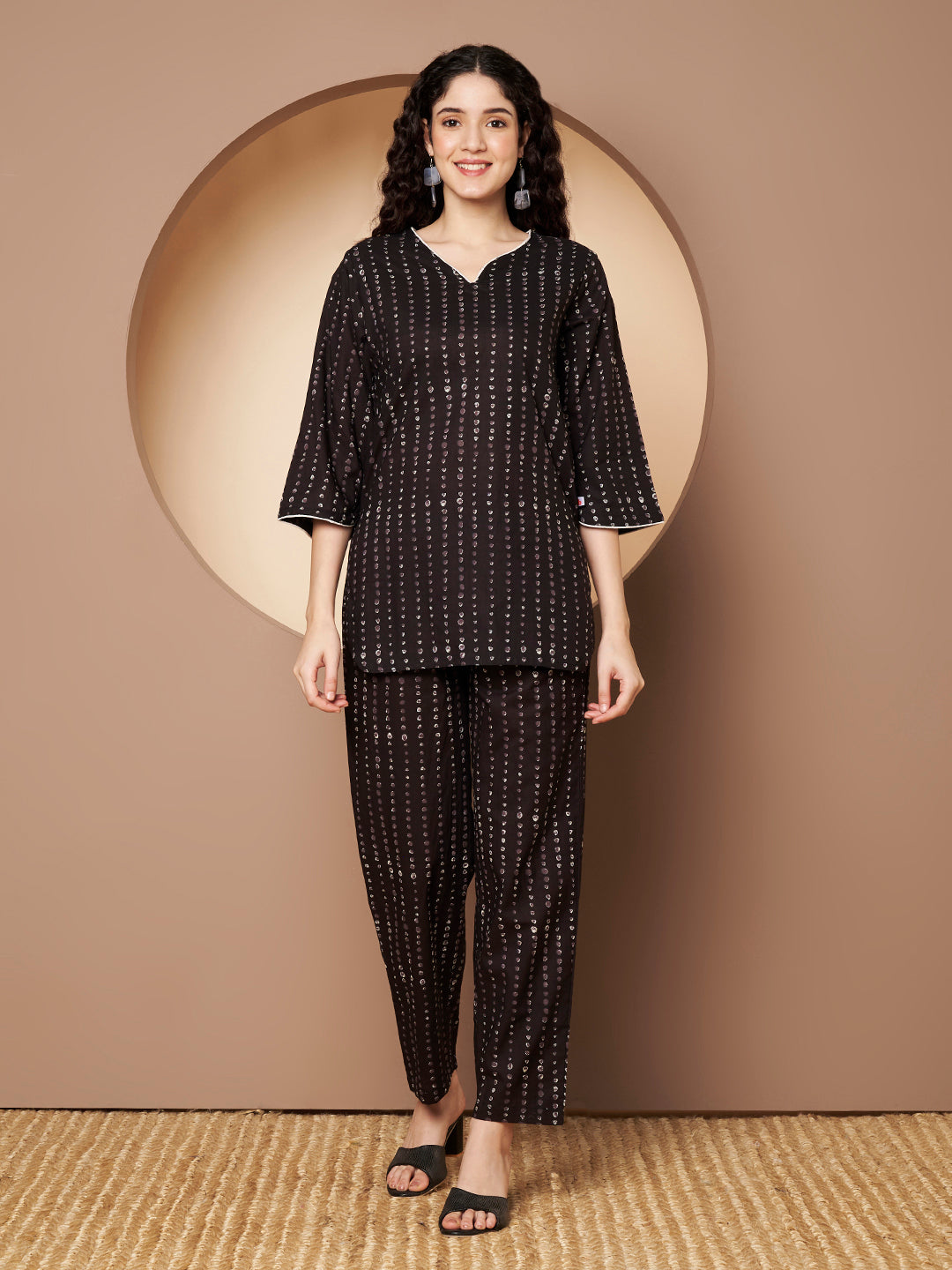 Black Polka Printed Pure Cotton Top Piping With Pant Co-Ord