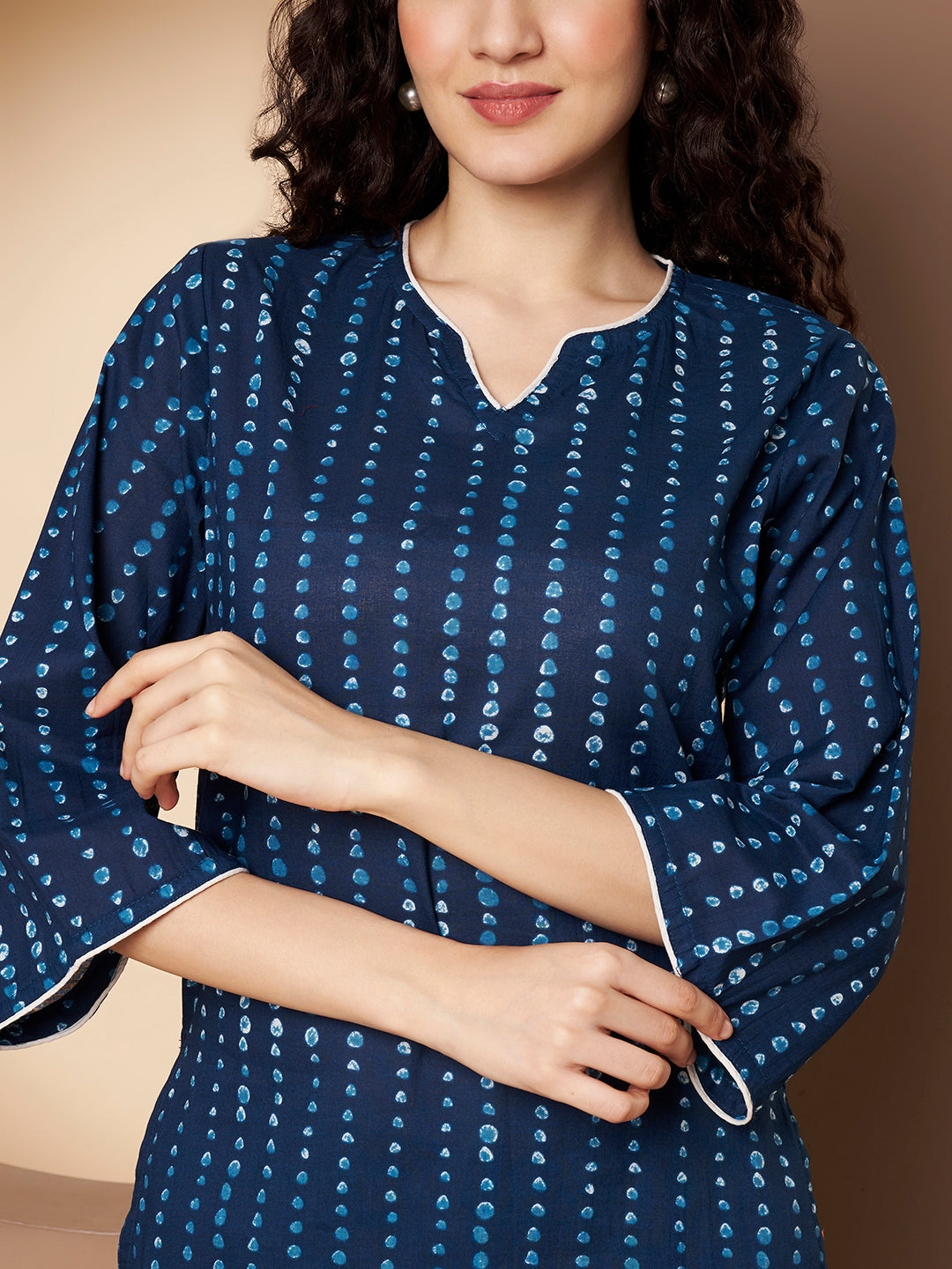 Teal Blue Polka Printed Pure Cotton Top Piping With Pant Co-Ord