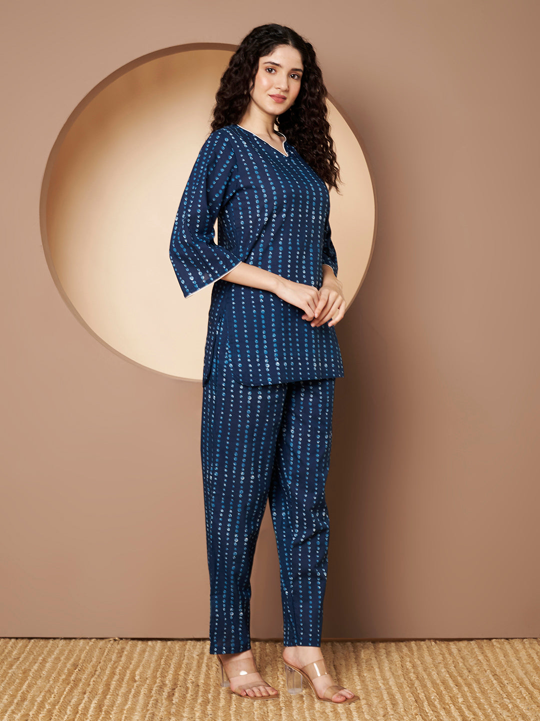 Teal Blue Polka Printed Pure Cotton Top Piping With Pant Co-Ord