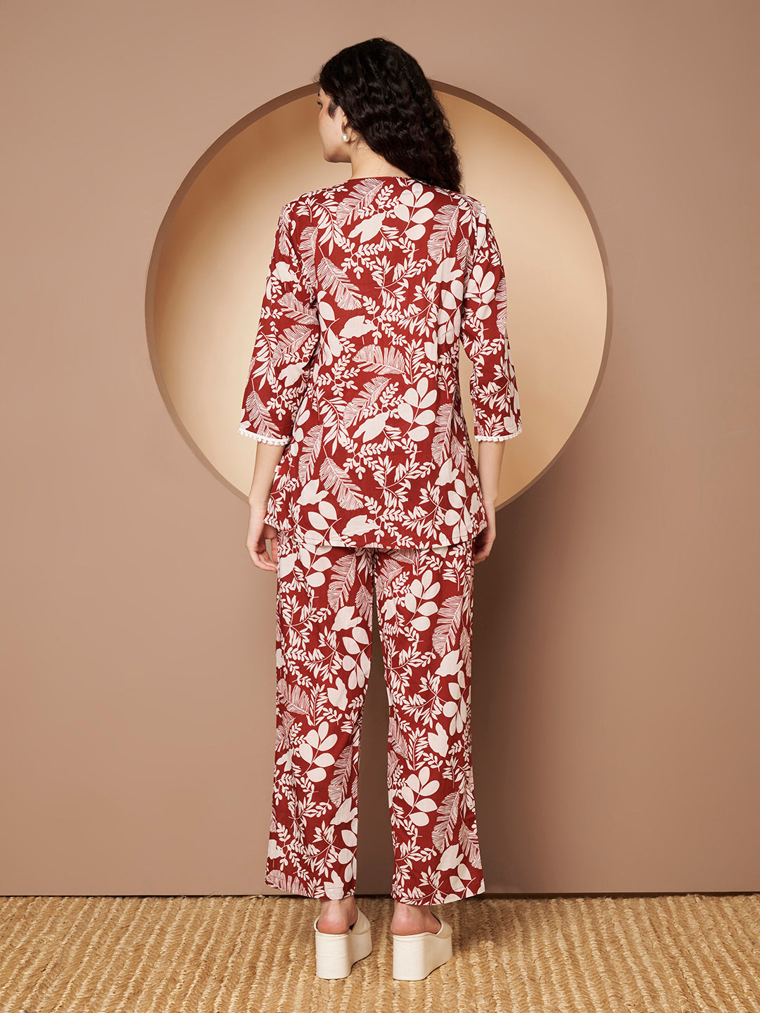 Maroon Floral Printed Cotton Top with Pant Co-Ord Set