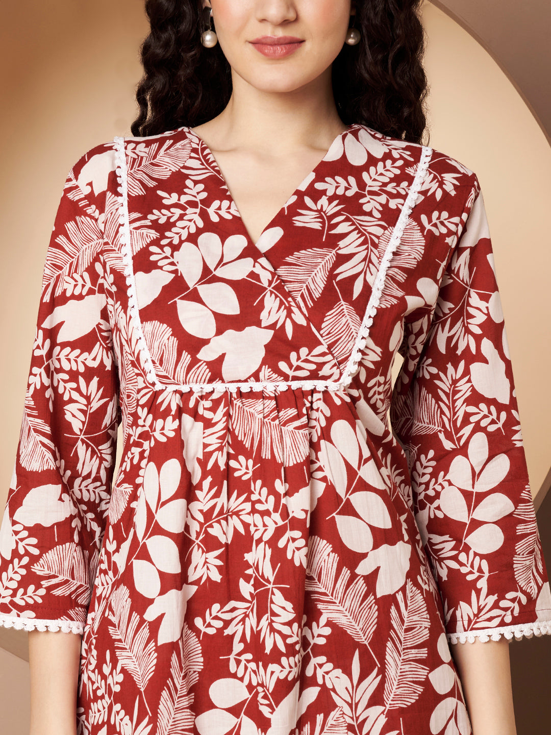 Maroon Floral Printed Cotton Top with Pant Co-Ord Set