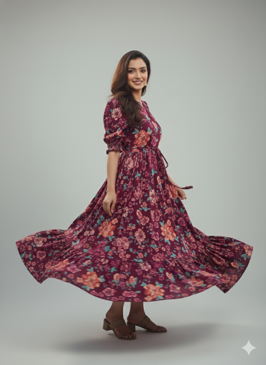 Women Flower Printed Mandarin Collar A-Line Dress