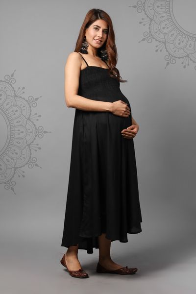 Solid Black Color Shoulder Straps Maternity Gown