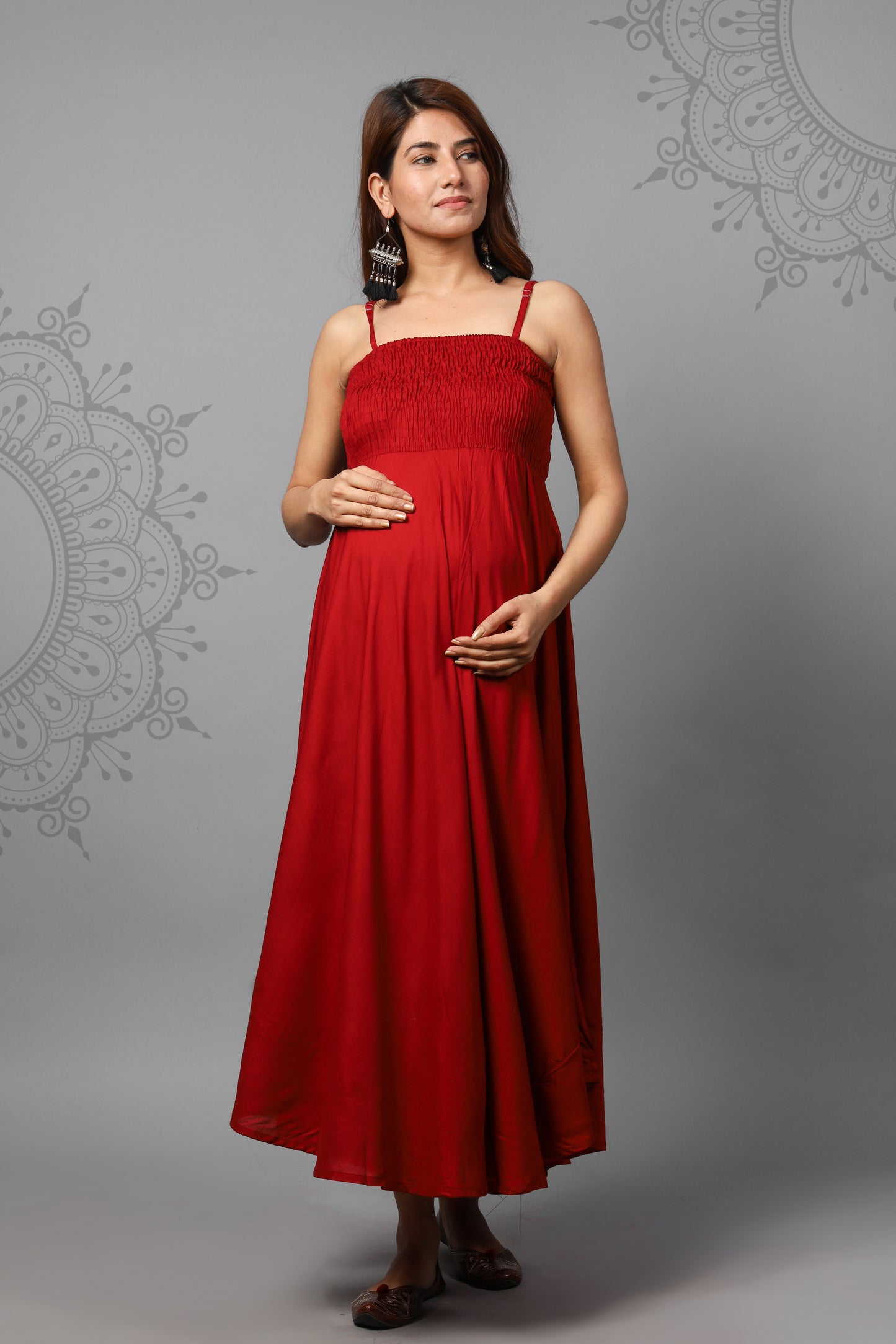 Solid Maroon Color Shoulder Straps Maternity Gown