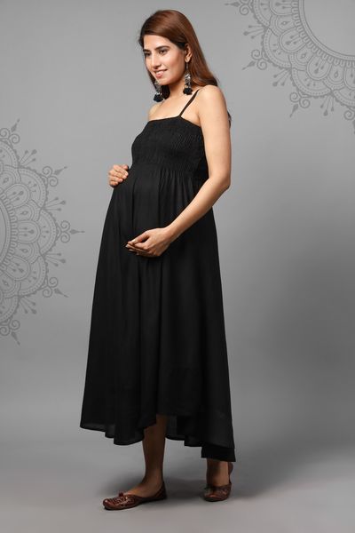 Solid Black Color Shoulder Straps Maternity Gown