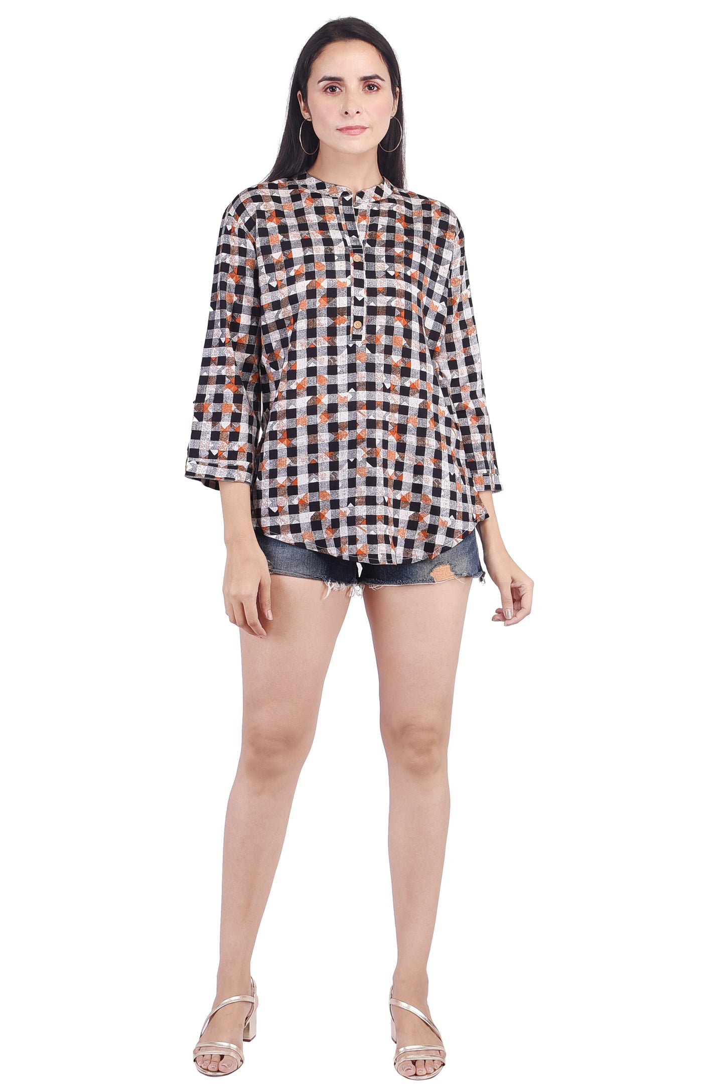 Casual 3/4th Sleeves Black Checks Printed Top