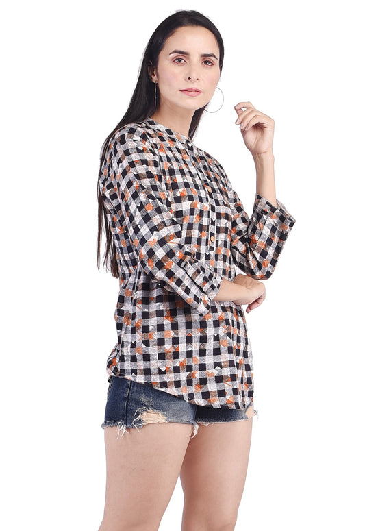 Casual 3/4th Sleeves Black Checks Printed Top