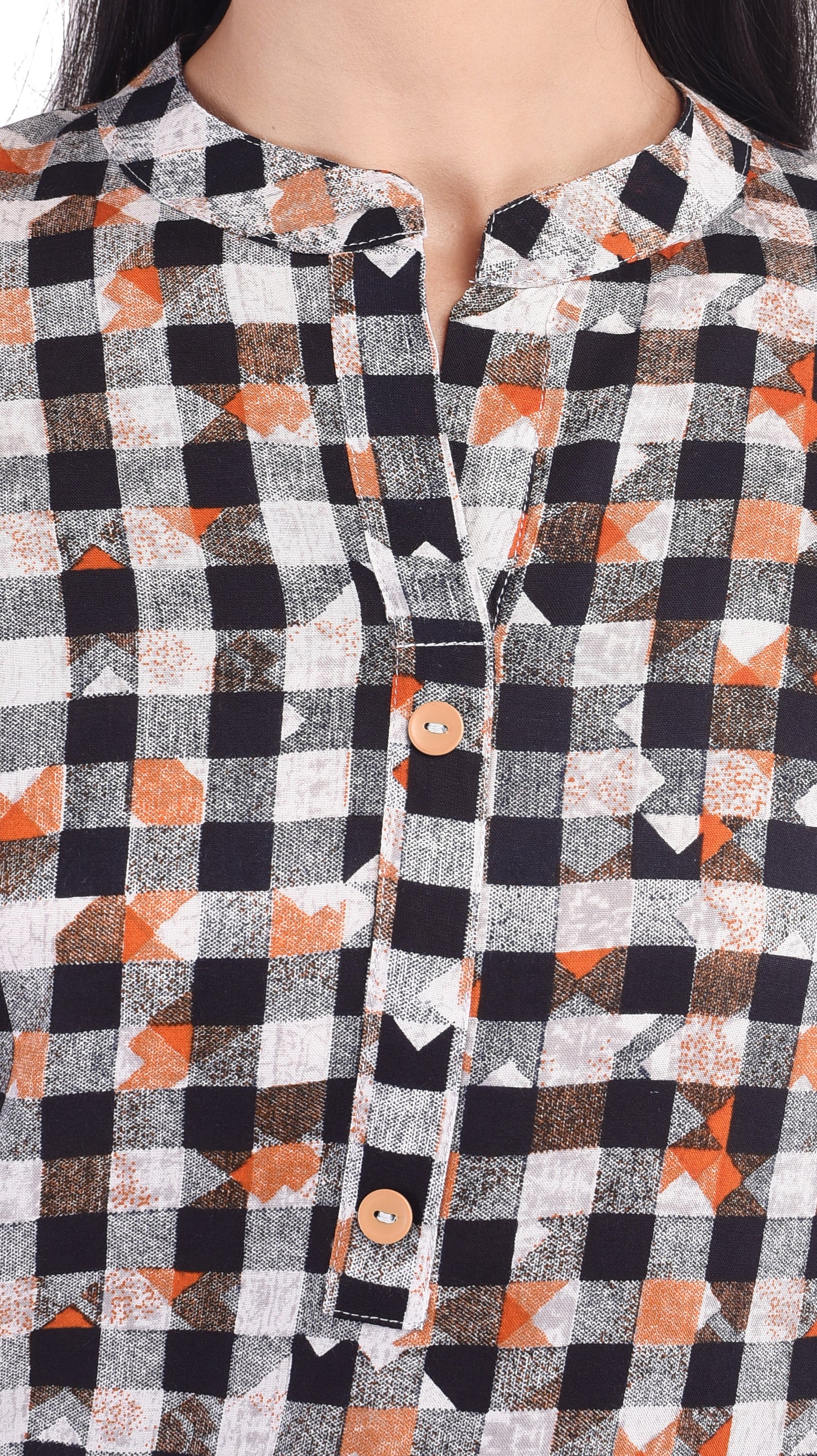 Casual 3/4th Sleeves Black Checks Printed Top