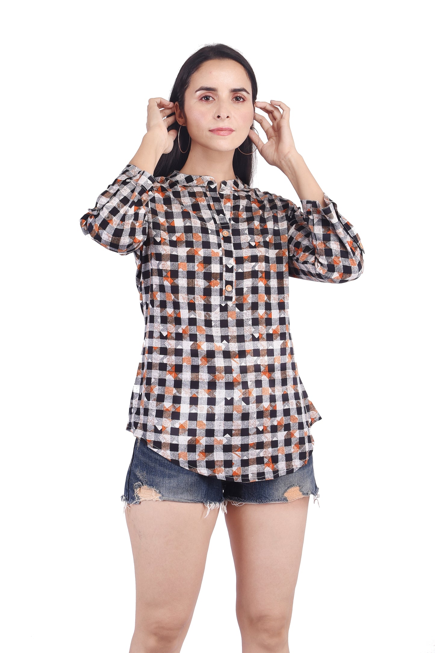 Casual 3/4th Sleeves Black Checks Printed Top