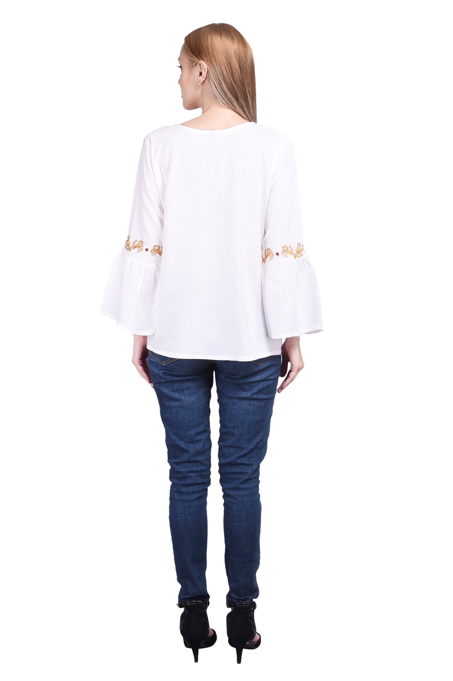 White 3/4th Sleeve Frill Embroidered Top