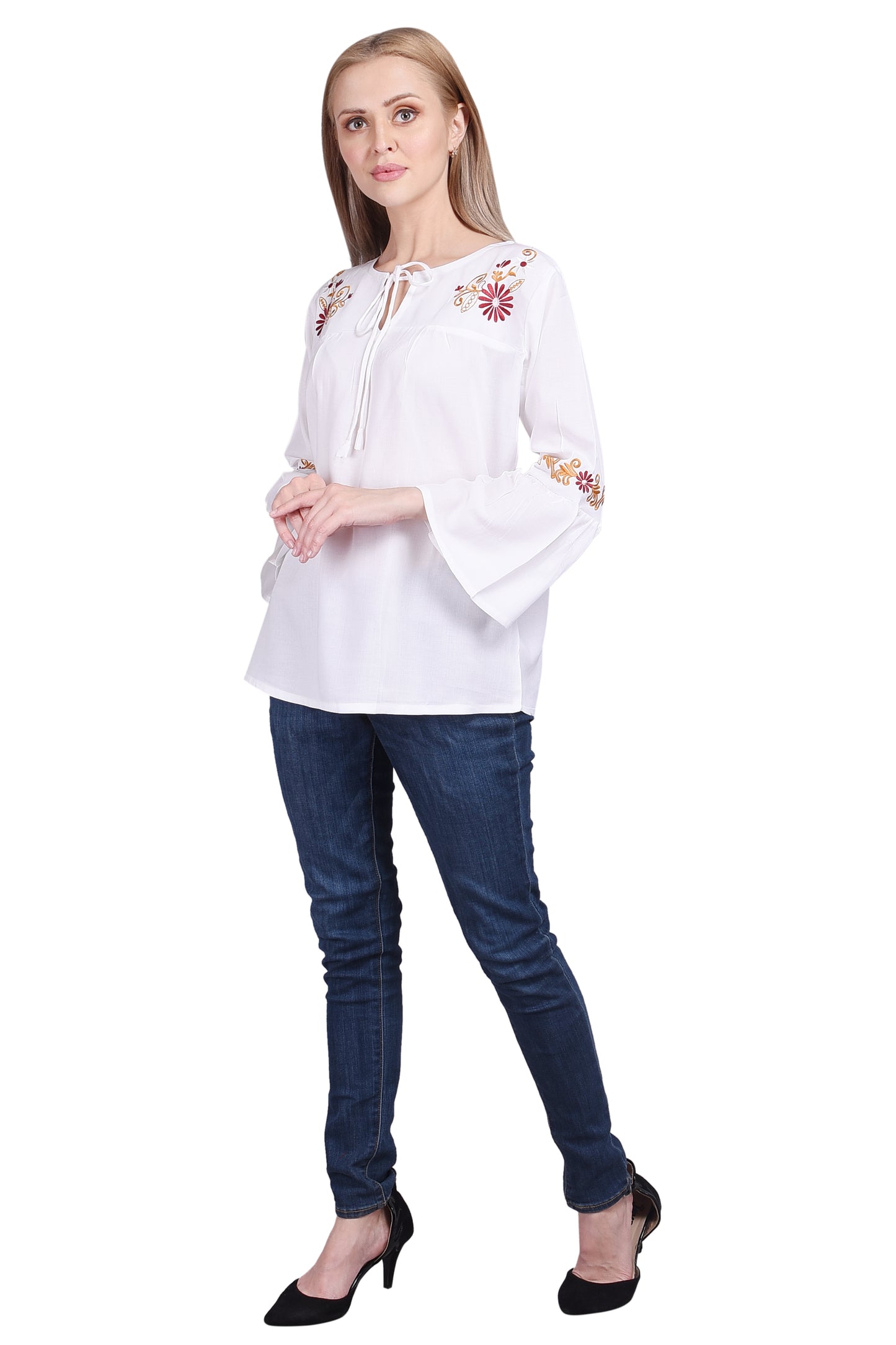 White 3/4th Sleeve Frill Embroidered Top