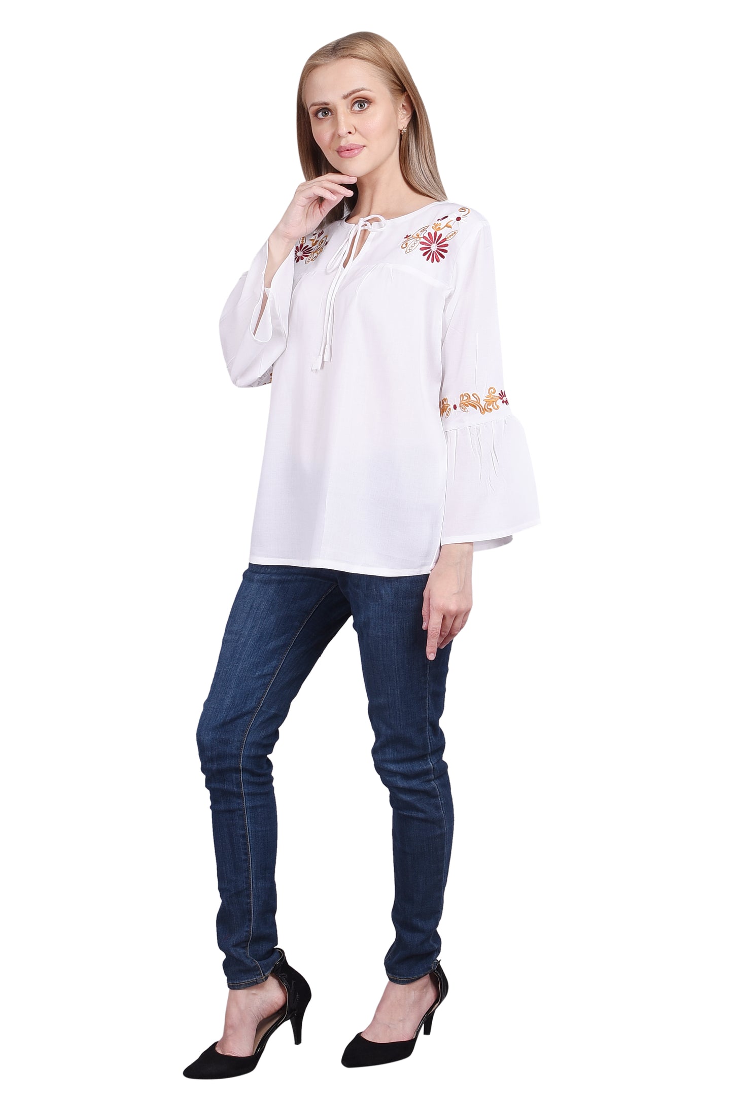White 3/4th Sleeve Frill Embroidered Top