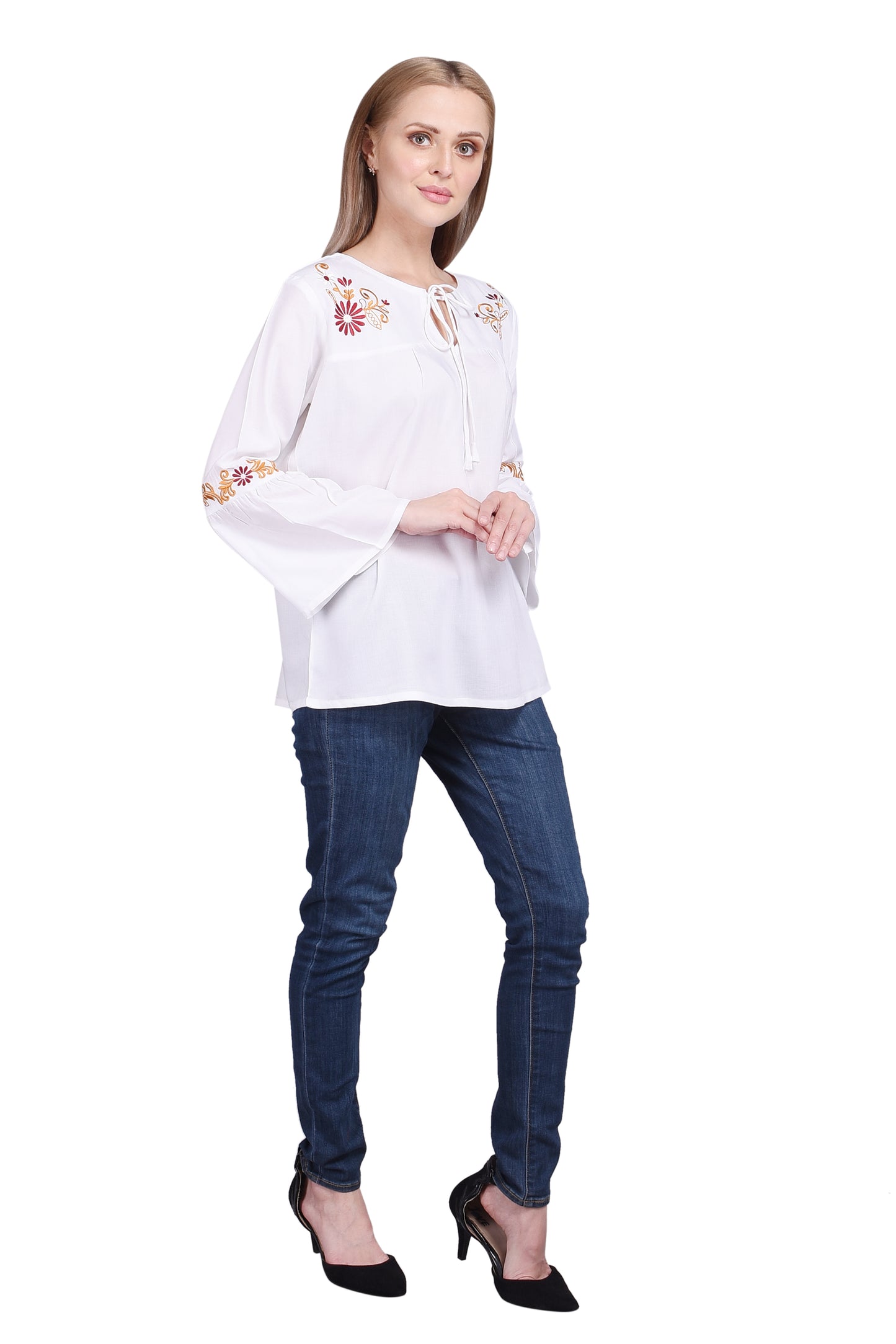 White 3/4th Sleeve Frill Embroidered Top