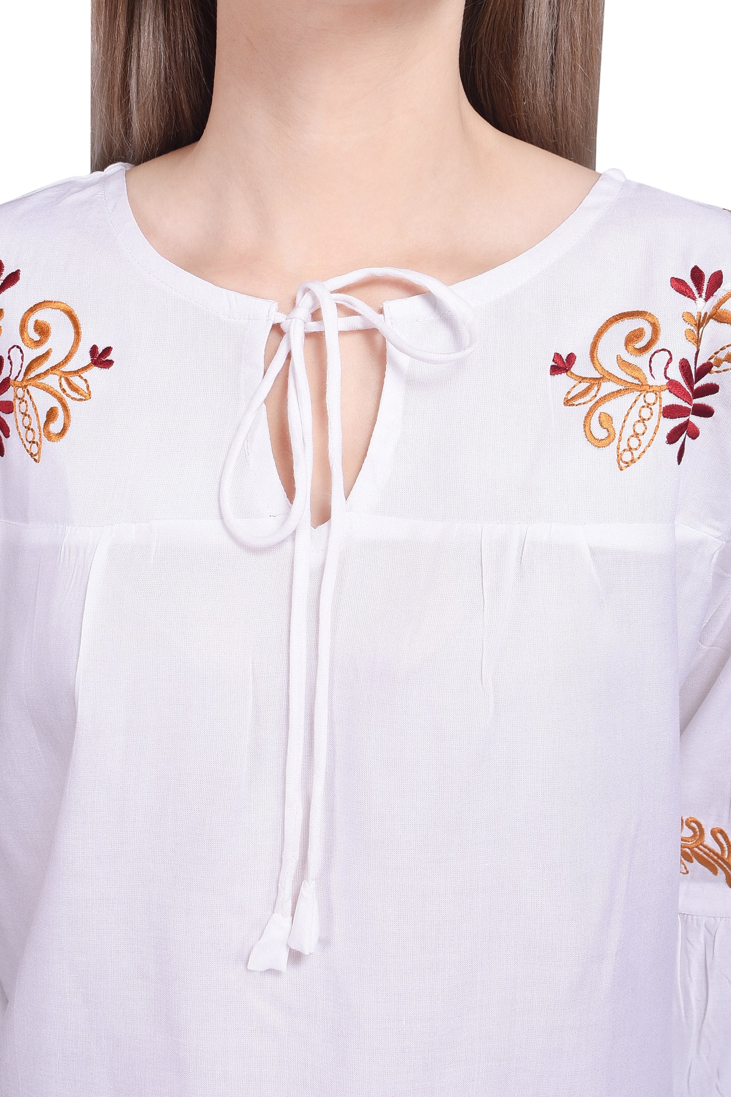 White 3/4th Sleeve Frill Embroidered Top