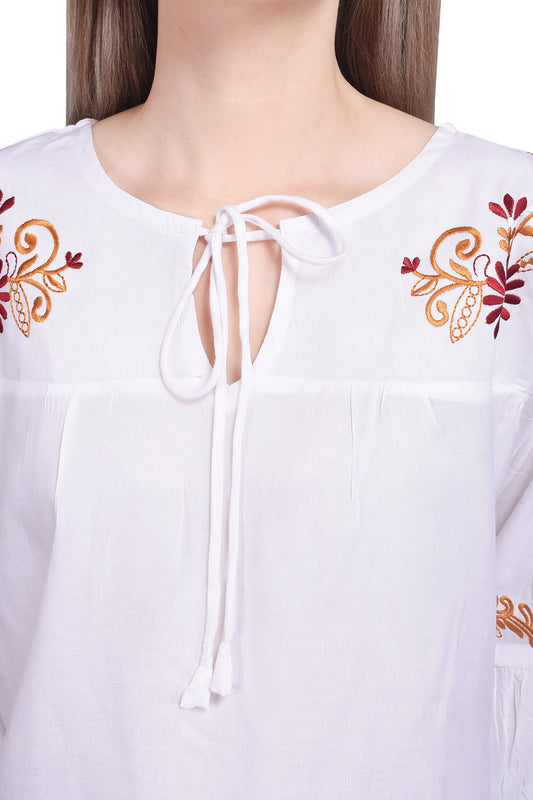 White 3/4th Sleeve Frill  Embroidered Top
