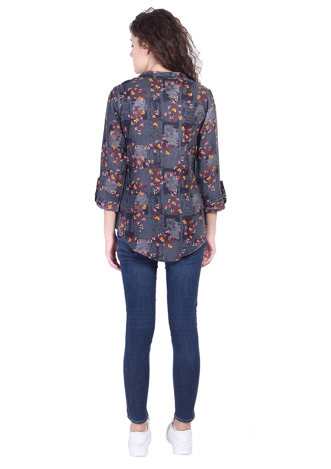 Casual Mandarin Collar Grey Flower Printed Top