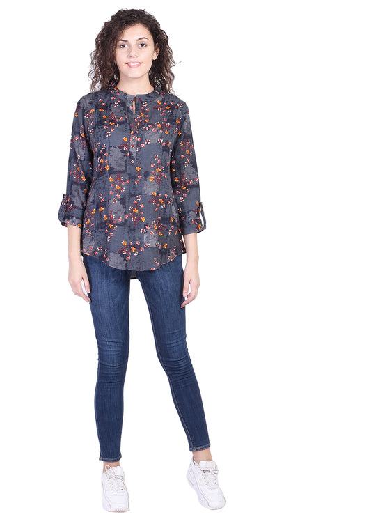 Casual Mandarin Collar Grey Flower Printed Top