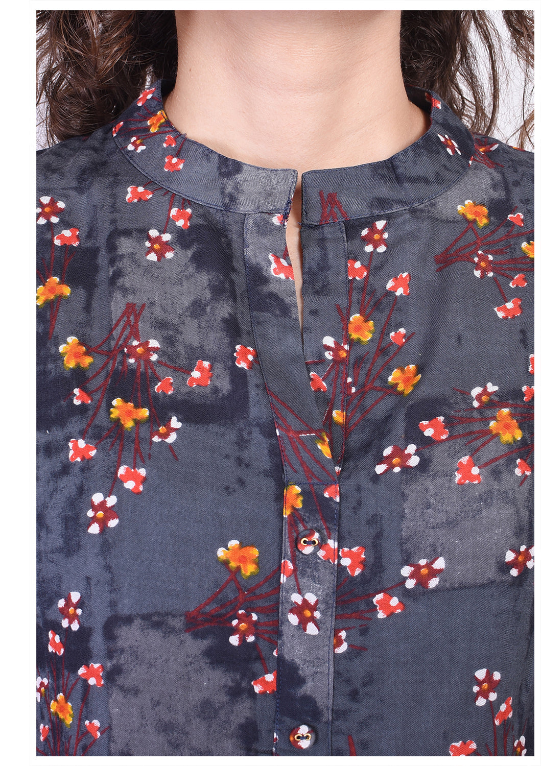 Casual Mandarin Collar Grey Flower Printed Top