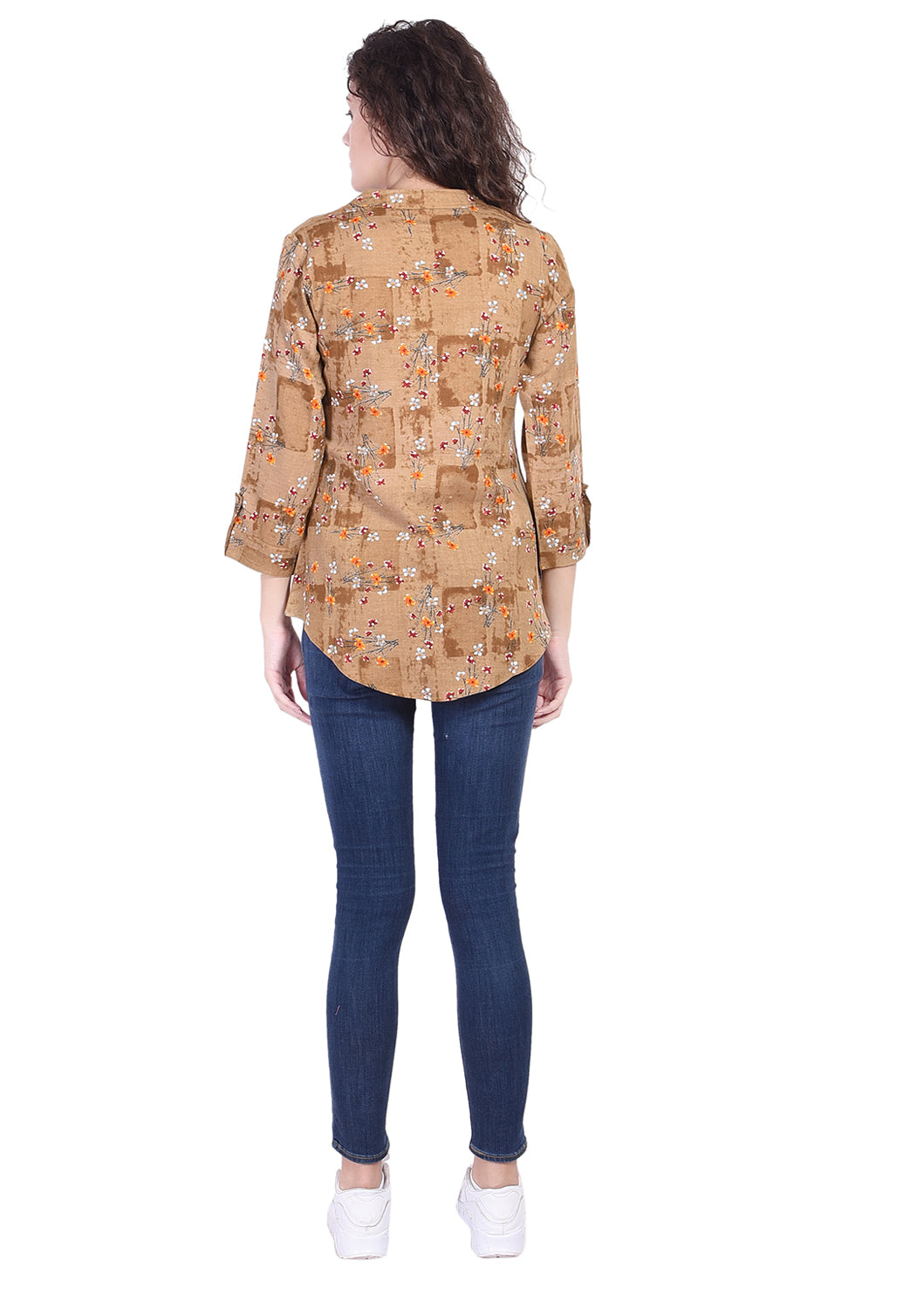 Casual Mandarin Collar Brown Flower Printed Top