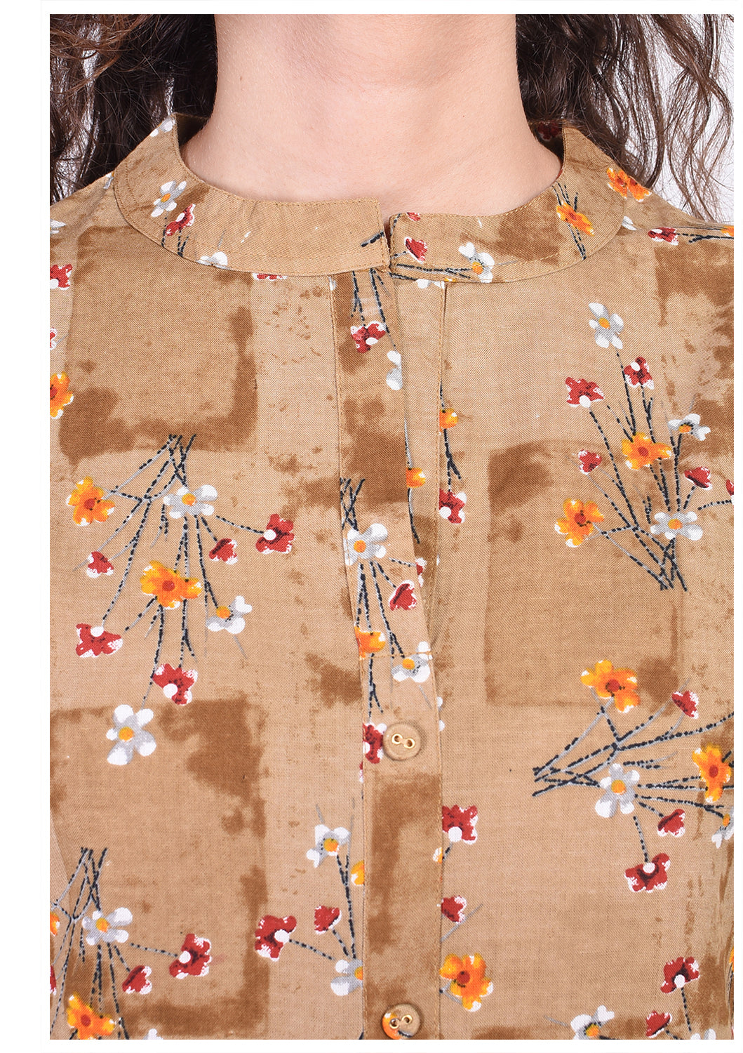 Casual Mandarin Collar Brown Flower Printed Top