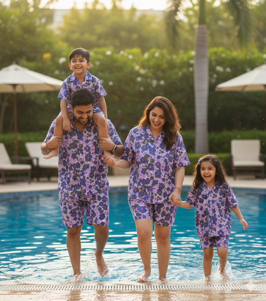Family Matching Combo for Vacation & Pool Party Purple Flower