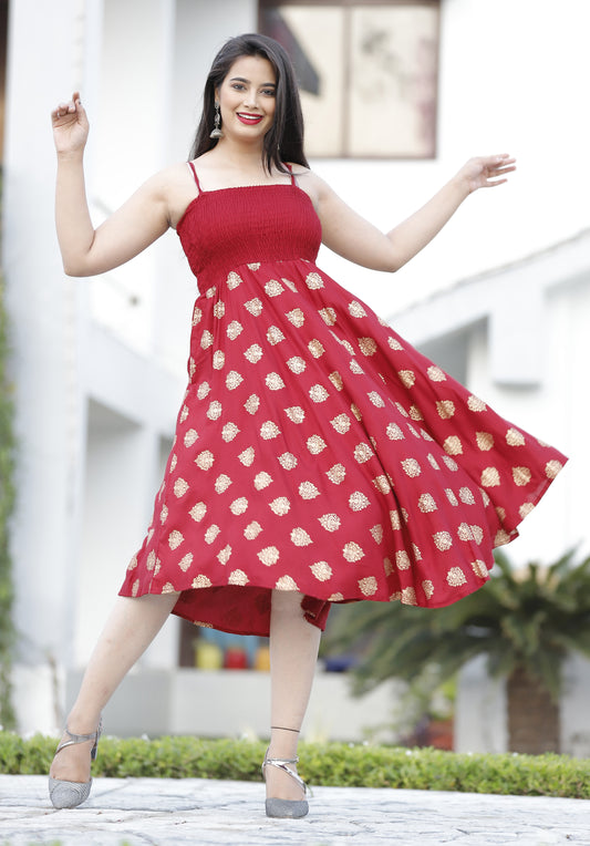 Maroon Gold Boota Printed Shoulder Straps Long Gown