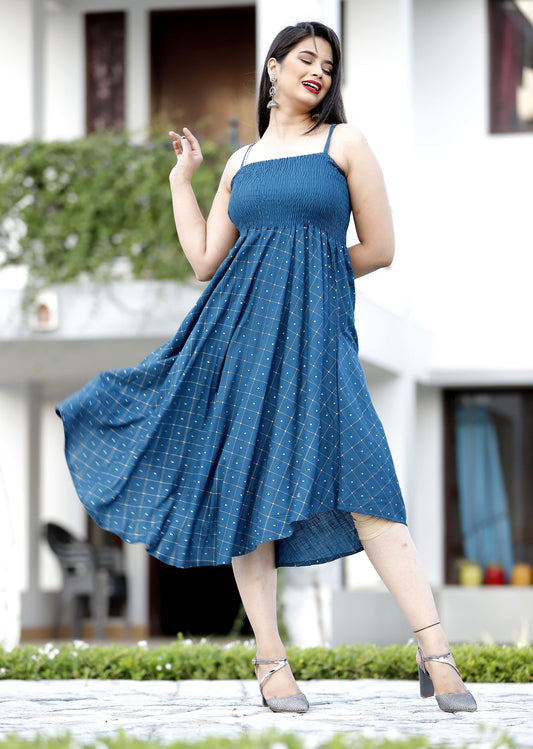 Teal Blue Gold Checks Printed Shoulder Straps Long Gown