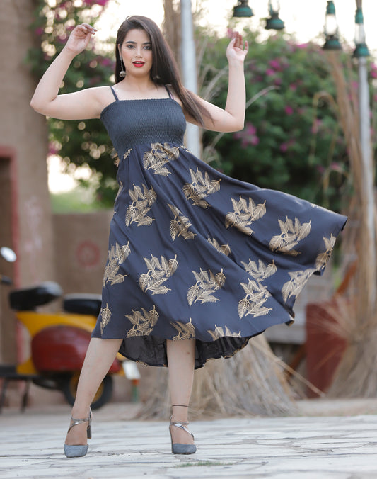 Grey Gold Printed Shoulder Straps Long Gown