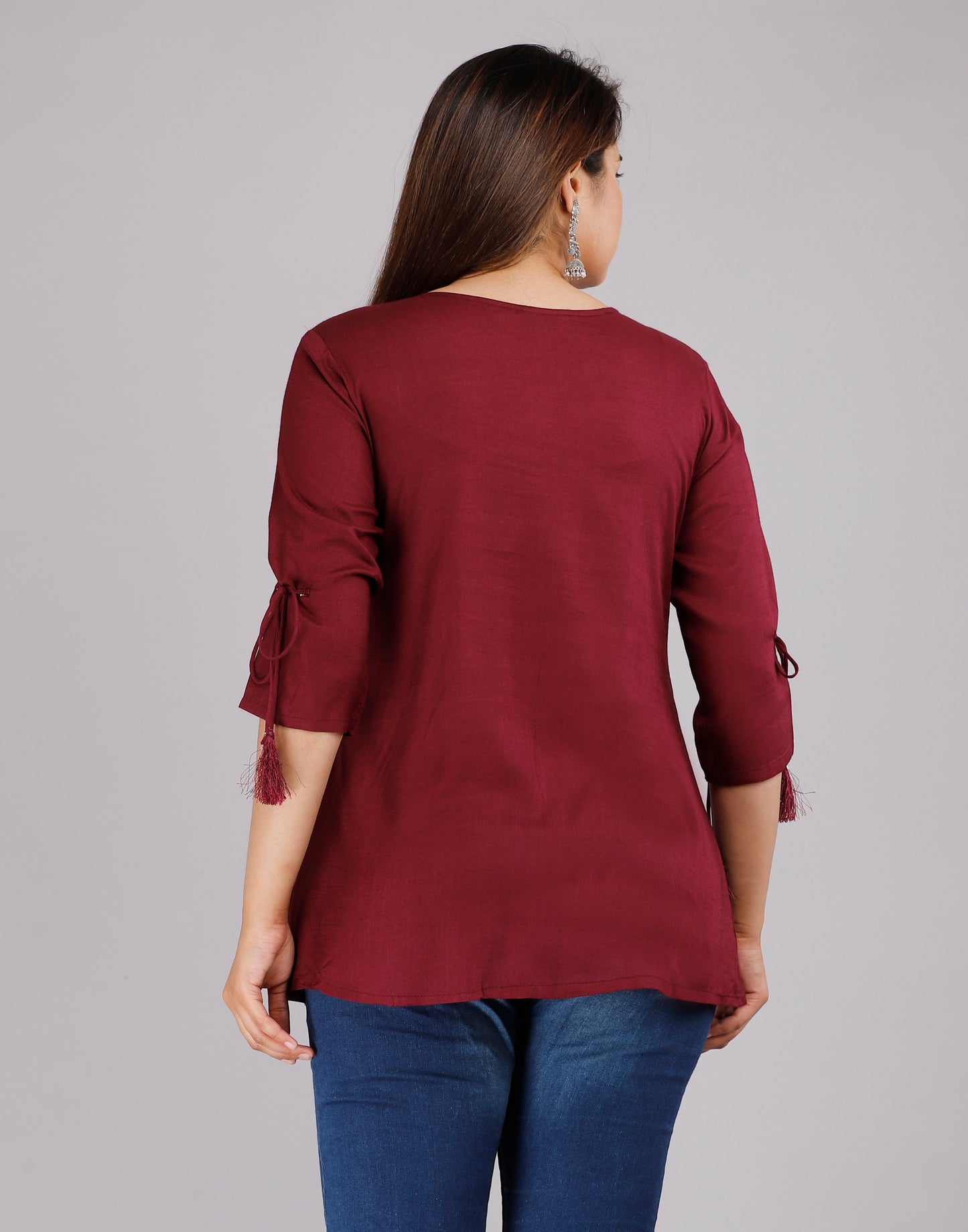 Wine Color 3/4th Sleeve Embroidered Top