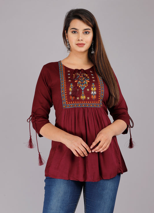 Wine Color 3/4th Sleeve Embroidered Top