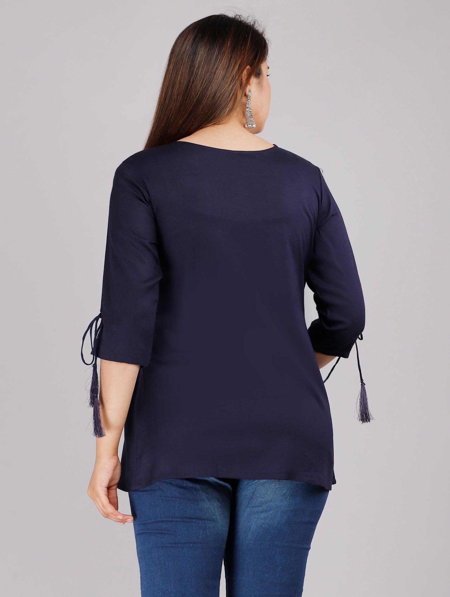 Solid Navy Blue Color 3/4th Sleeve Embroidered Top