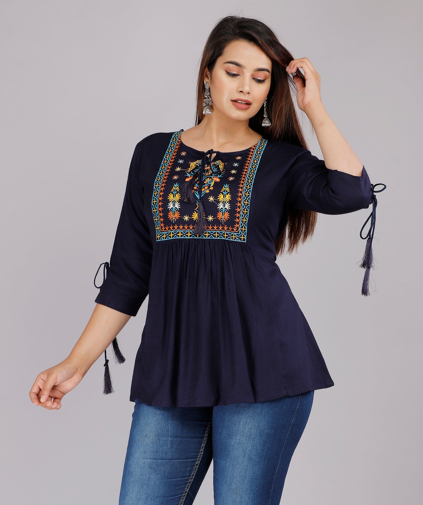 Solid Navy Blue Color 3/4th Sleeve Embroidered Top