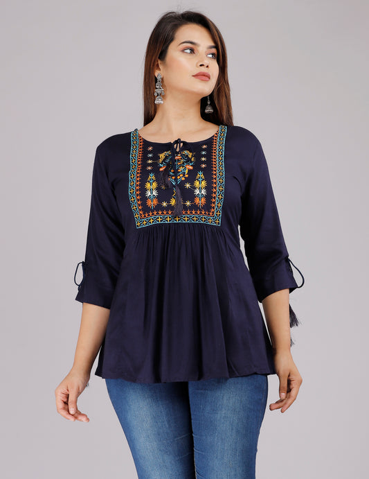 Solid Navy Blue Color 3/4th Sleeve Embroidered Top