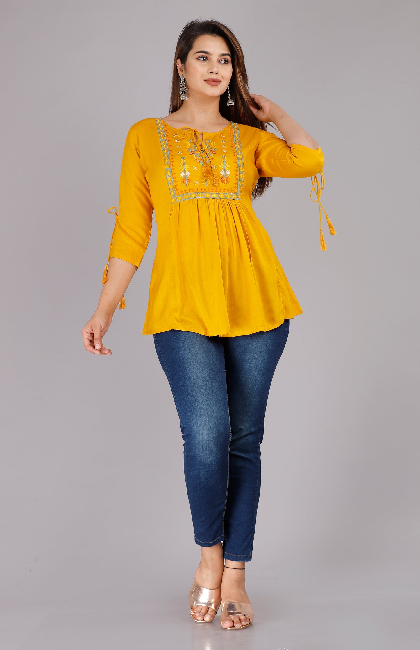 Mustard Yellow Color 3/4th Sleeve Embroidered Top