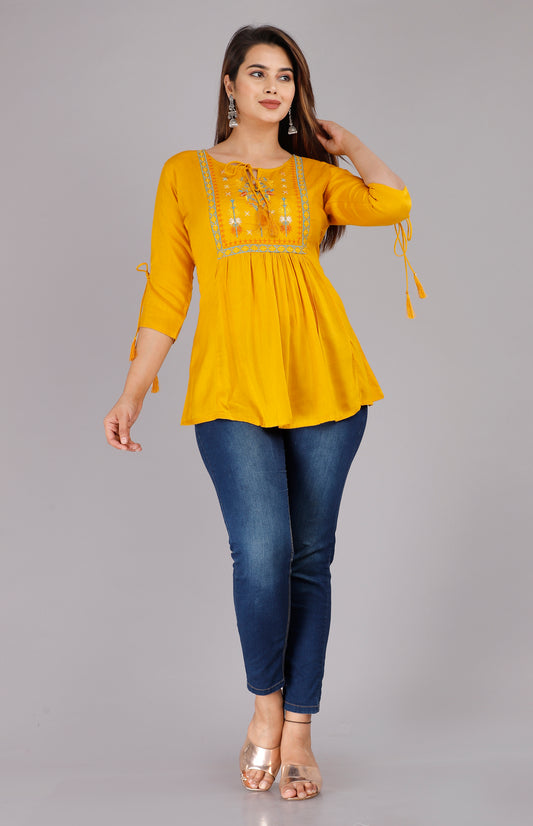 Mustard Yellow Color 3/4th Sleeve Embroidered Top