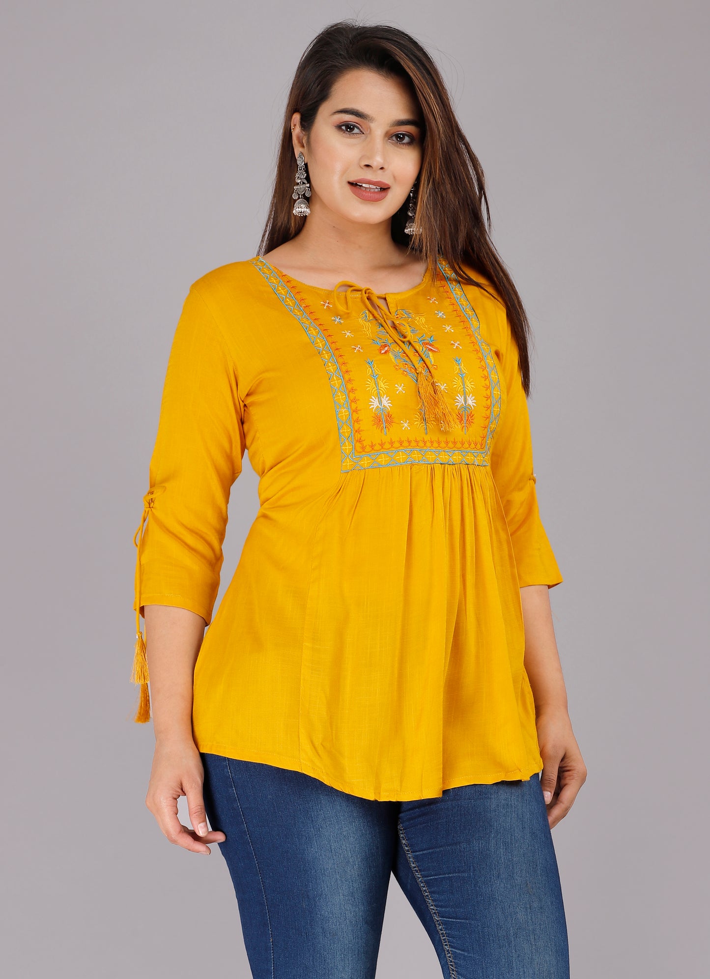 Mustard Yellow Color 3/4th Sleeve Embroidered Top